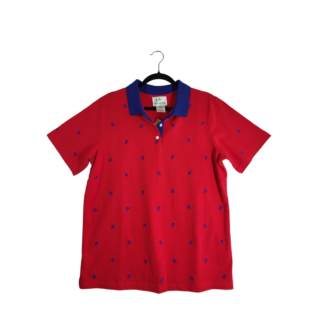 VTG Quacker Factory Nautical Polo Shirt Red Blue Anchor Embroidered NWT L Preppy